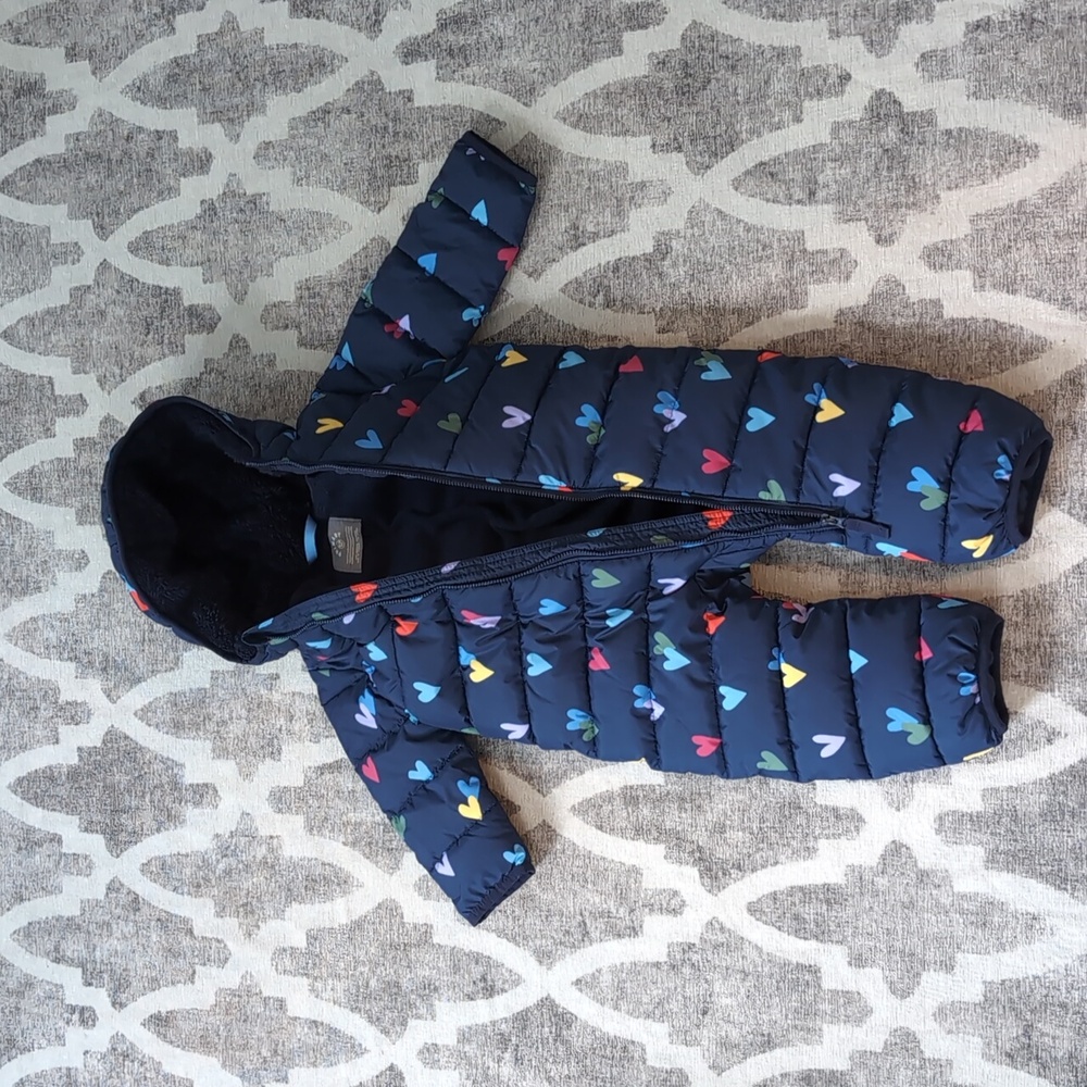 Primary Baby parka puffer suit - Navy Hearts In Size 18-24 Months - Picture 3 of 8